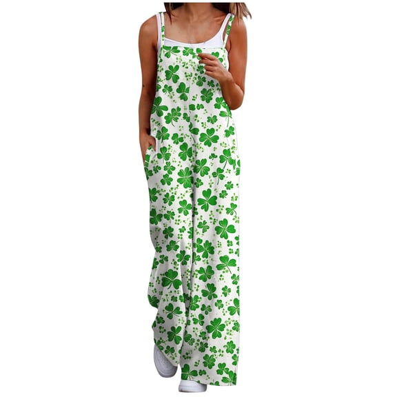 Kaemgyyd St.Patrick's Day Jumpsuits for Women Plus Size Green Print Wide Leg Pants Romper Casual Beach Vaction Outfits with Pockets