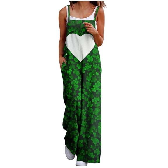 Kaemgyyd St.Patrick's Day Jumpsuits for Women Plus Size Green Print Wide Leg Pants Romper Casual Beach Vaction Outfits with Pockets