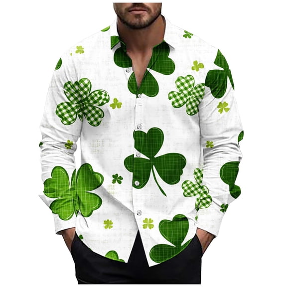 Kaemgyyd St Patrick's Day Men's Shirt Fashion Green Printed Long Sleeves Button down Tops Spring Fall Fashion Clothes