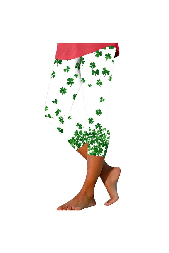 St Patricks Day Leggings for Women Green Print Stretchy Leggings High Waisted Butt Lifting Workout Yoga Capri Pants