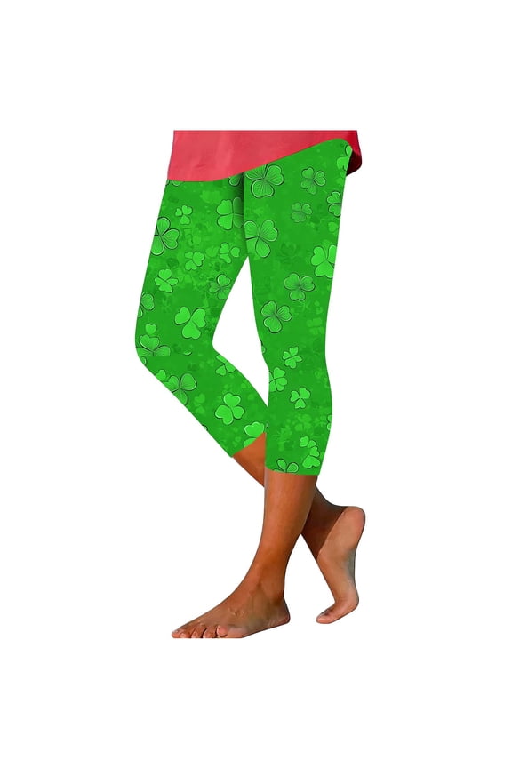 St Patricks Day Leggings for Women Green Print Stretchy Leggings High Waisted Butt Lifting Workout Yoga Capri Pants