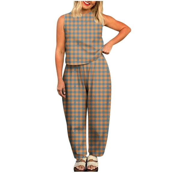 Kaemgyyd Summer 2 Piece Sets for Women Trendy Plaid Sleeveless Tank Top Baggy Harm Pants Fall Outfits Casual Vacation Clothing