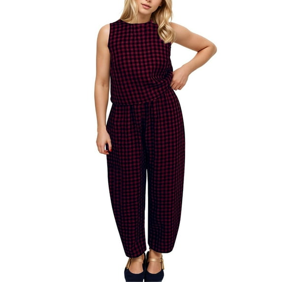 Kaemgyyd Summer 2 Piece Sets for Women Trendy Plaid Sleeveless Tank Top Baggy Harm Pants Fall Outfits Casual Vacation Clothing