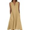 Kaemgyyd Summer Cotton Linen Dress for Women Sleeveless Boho Flowy Midi Dresses Solid Color Notch V Loose Comfy Dress with Pockets