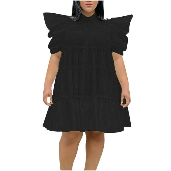 Kaemgyyd Summer Dresses for Women Casual Ruffle Short Sleeve Midi Dress Loose Solid Color Tiered A-Line Party Clubwear