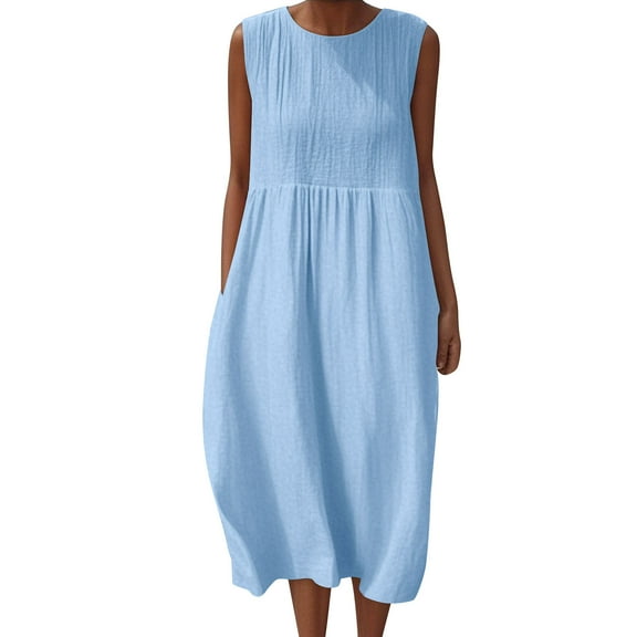 Kaemgyyd Summer Dresses for Women Solid Color Sleeveless Beach Sundresses Comfy Loose Crew Neck Cotton Linen Tank Dresses