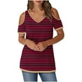 thumbnail image 1 of Kaemgyyd Summer Tops Womens Stripe Short Sleeve Cold Shoulder Tunic Tee V Neck Loose Casual Shirts Fashion, 1 of 6