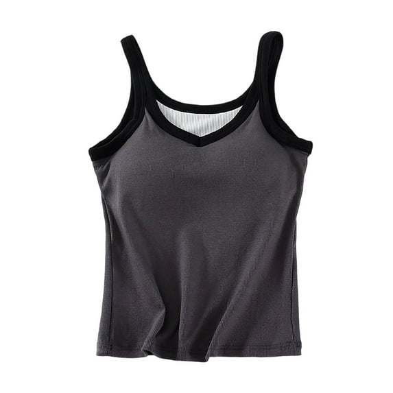 Kaemgyyd Summer Tops for Women Fashion Color Block V Neck Undershirts Soft Ribbed Sleeveless Clothes with Built-In Bra