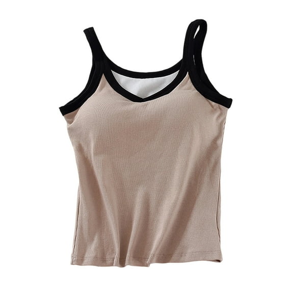 Kaemgyyd Summer Tops for Women Fashion Color Block V Neck Undershirts Soft Ribbed Sleeveless Clothes with Built-In Bra