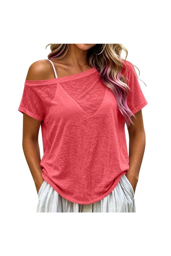 Summer Tops for Women Cover up Tees Fashion Mesh Sheer Scoop Neck Short Sleeve See Through T Shirts Blouse