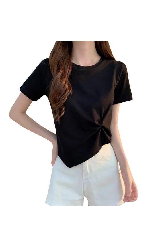Summer Tops for Women Fashion Short Sleeve Twist Knot Loose Fit T-Shirts Casual Asymmetrical Hem Tie Front Comfy Tee