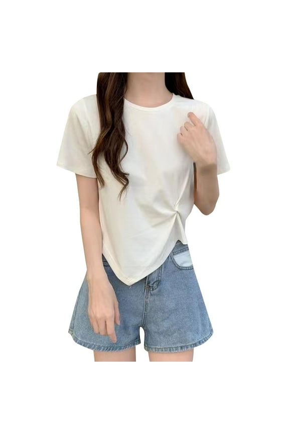 Summer Tops for Women Fashion Short Sleeve Twist Knot Loose Fit T-Shirts Casual Asymmetrical Hem Tie Front Comfy Tee