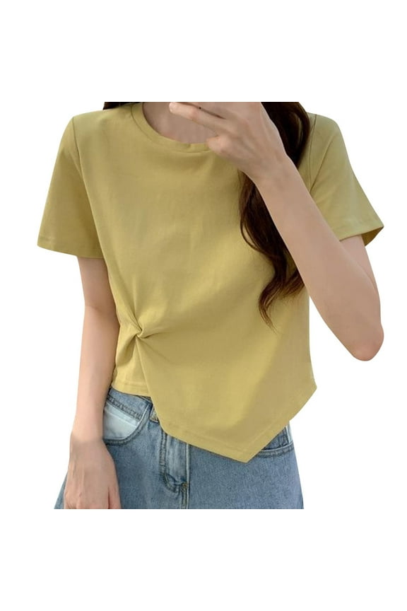 Summer Tops for Women Fashion Short Sleeve Twist Knot Loose Fit T-Shirts Casual Asymmetrical Hem Tie Front Comfy Tee