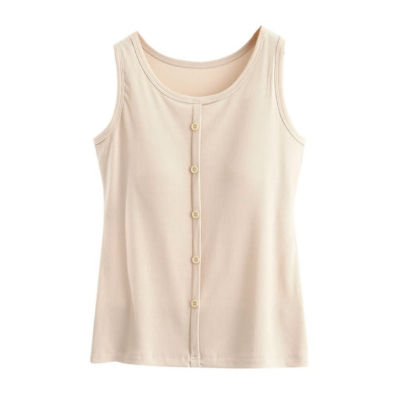 Kaemgyyd Summer Tops for Women Soft Comfy Sleeveless Crew Neck Pajama Shirt Solid Color Button Casual Basic Sleepwear Built in Bra