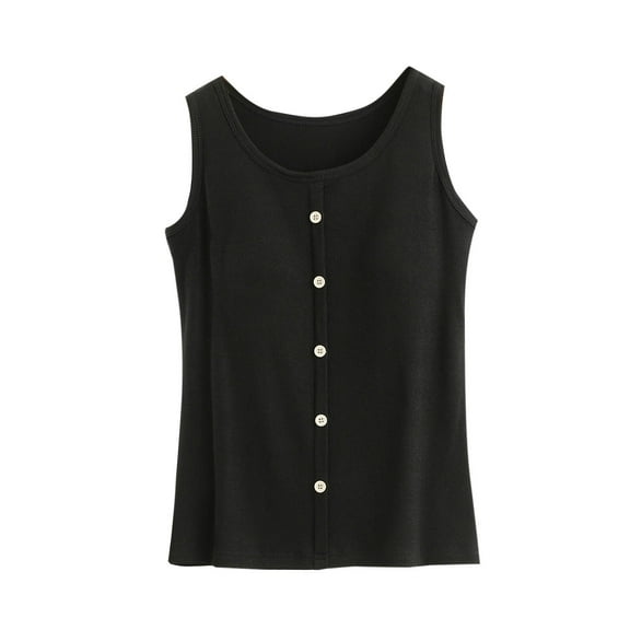 Kaemgyyd Summer Tops for Women Soft Comfy Sleeveless Crew Neck Pajama Shirt Solid Color Button Casual Basic Sleepwear Built in Bra