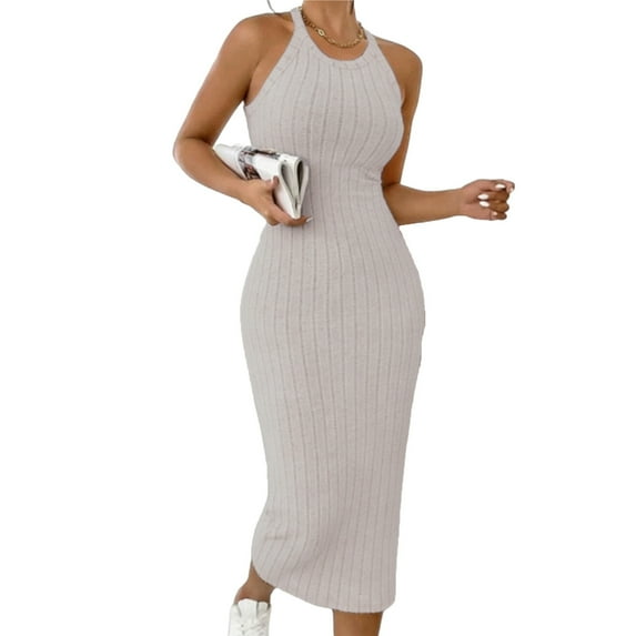 Kaemgyyd Sweater Dress for Women Casual Ribbed Knit Slim Fit Bodycon Pencil Dress Halter Sleeveless Summer Trendy Midi Dress