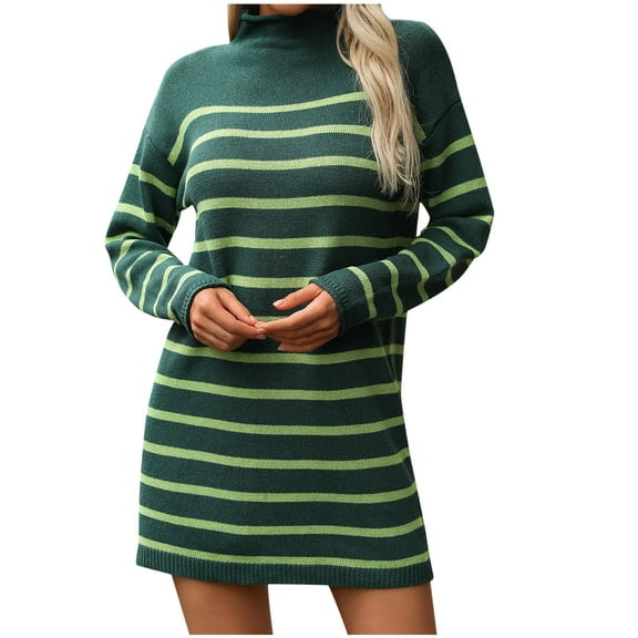 Kaemgyyd Sweater Dress for Women Casual Stripe Printing Long Sleeve Short Mini Dress High Neck Loose Warm Pullover Dress