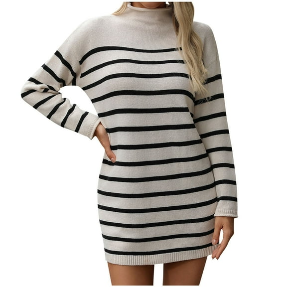 Kaemgyyd Sweater Dress for Women Casual Stripe Printing Long Sleeve Short Mini Dress High Neck Loose Warm Pullover Dress