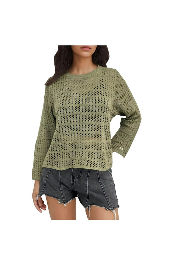 Sweater for Women Knit Crochet See Through Crew Neck Beach Cover up Solid Hollow out Long Sleeve Loose Pullover