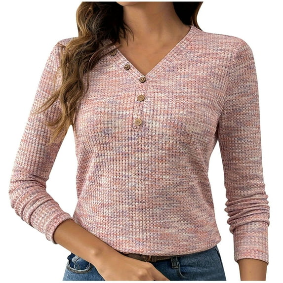 Kaemgyyd Sweater for Women Trendy Long Sleeve Color Block Pullover V-Neck Lightweight Knit Casual Button Tops