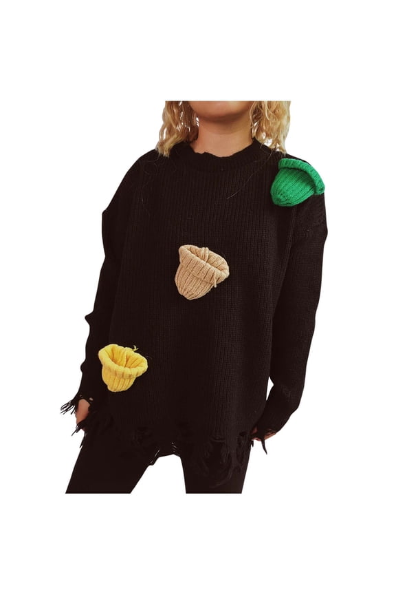 Sweater for Women Vintage Trendy Ripped Hem Christmas Pullover Casual Loose Knit Long Sleeve Cute Tops
