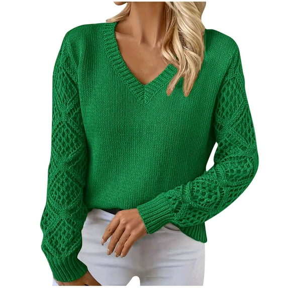 Kaemgyyd Sweater for Womens Fall Outfit Soft V Neck Long Sleeve Knit Pullover Casual Loose Solid Color Hollow out Top