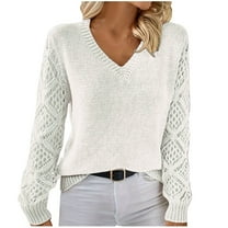 Kaemgyyd Sweater for Womens Fall Outfit Soft V Neck Long Sleeve Knit Pullover Casual Loose Solid Color Hollow out Top