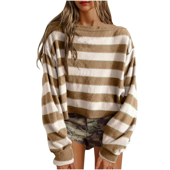 Kaemgyyd Sweaters for Women Vintage Cropped Knit Pullover Casual Loose Long Sleeve Stripe Tops Fall Fashion Streetwear