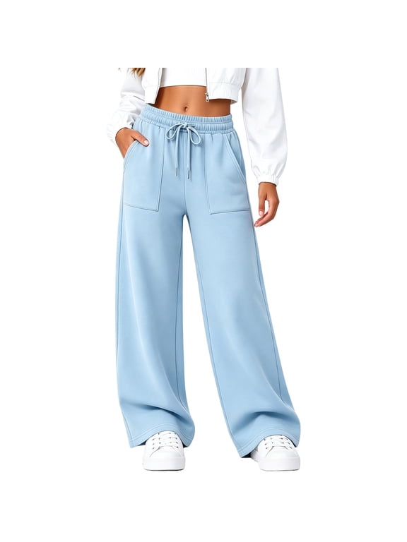 Sweatpants Women Elastic High Waisted Sweat Pants with Patch Pockets Drawstring Full Length Trousers(Light Blue,XX-Large)