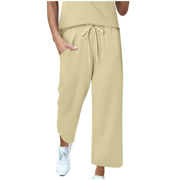 Kaemgyyd Sweatpants Women Lightweight Wide Leg Flowy Cropped Trousers Comfy Lounge Elastic Waist Drawstring Yoga Pants