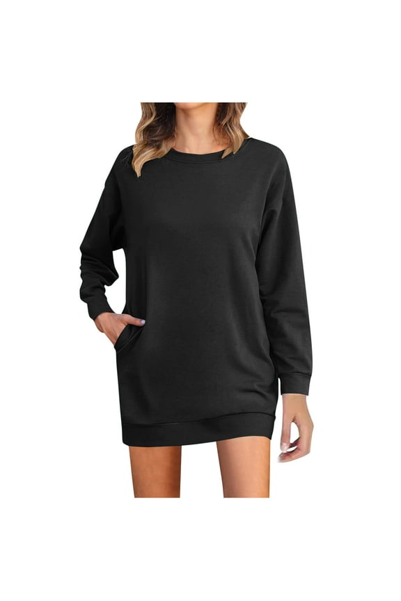 Sweatshirt Dress for Women Casual Loose Long Sleeve Mini Dresses Basic Solid Color Pullover Dress with Pockets