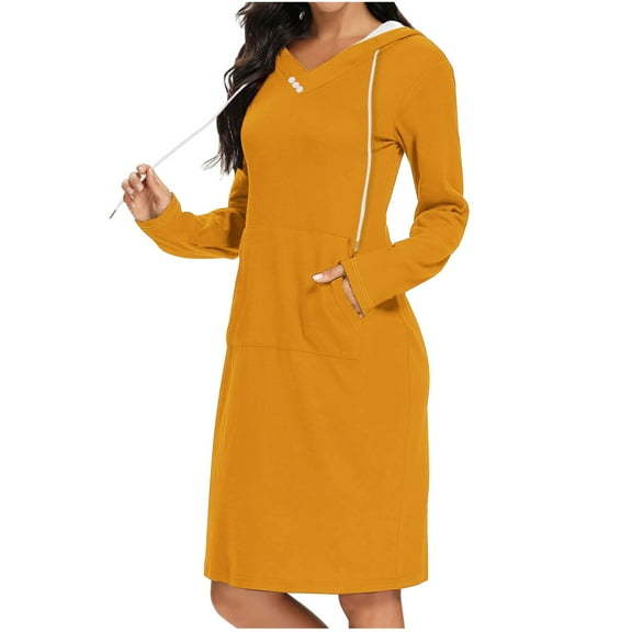 Kaemgyyd Sweatshirt Dress for Women Fall Winter Casual Long Sleeve V Neck Hooded Pullover Midi Dress with Pockets