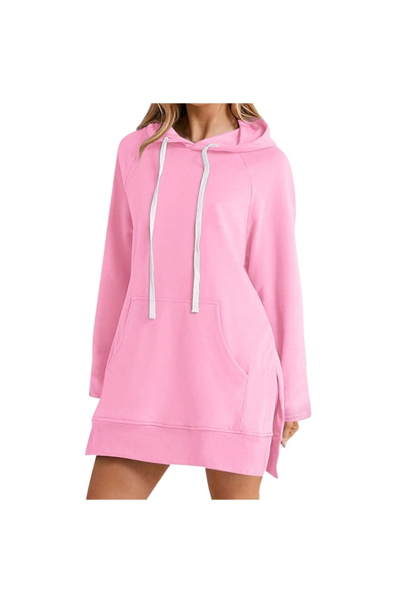 Sweatshirt for Women Oversized Solid Long Sleeve Hoodie Mini Dress Casual Drawstring Tunic Dress with Pockets