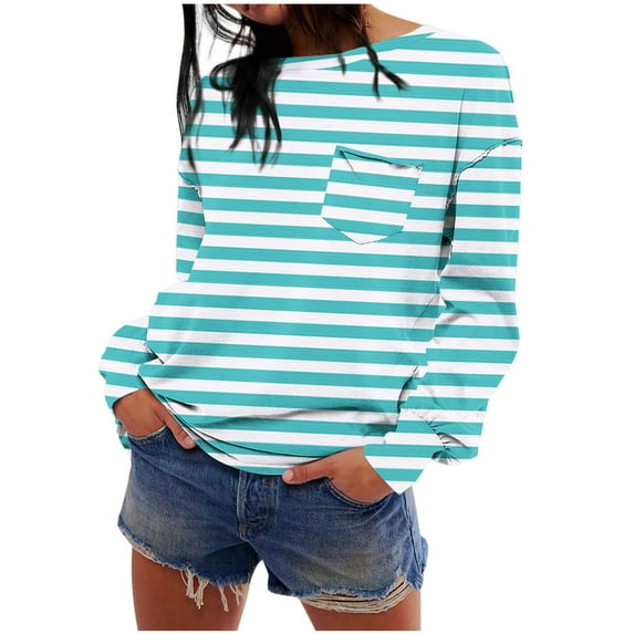 Kaemgyyd Sweatshirts for Women Crewneck Long Sleeve Stripe Tops Lightweight Fashion Fall Pullover