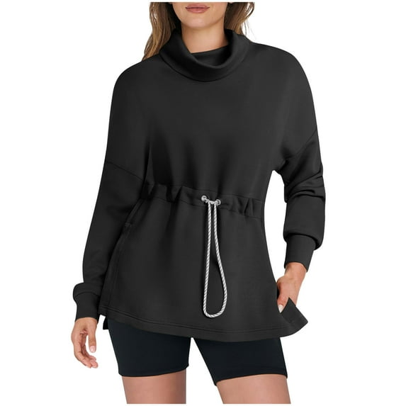 Kaemgyyd Sweatshirts for Women Oversize Turtleneck Long Sleeve Pullover Side Slit Tops Tunic Shirts with Drawstring Waist