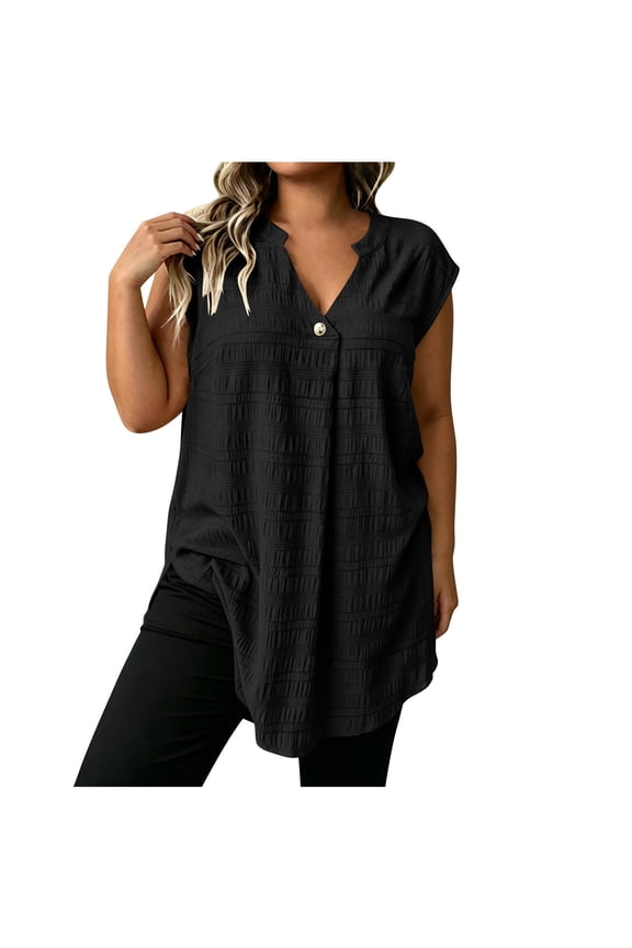 Tank Tops for Women Plus Size Sleeveless Tunic Tees Henley V Neck Button up Curved Hem Casual Long Shirts Summer Outfit