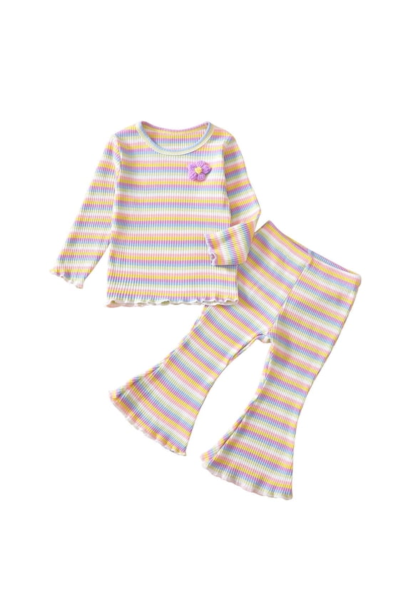 Toddler Girl Clothes 2 Piece Set Stretch Stripe Tops Ruffle Flared Bell Bottom Pants Baby Infant Fall Outfits 6 M-4 T