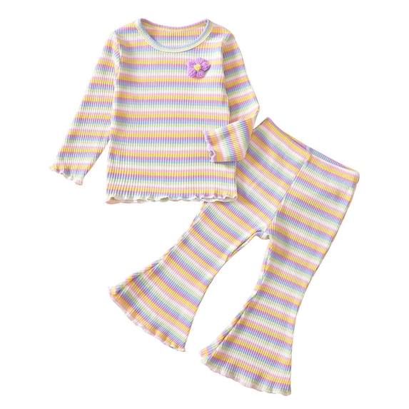 Kaemgyyd Toddler Girl Clothes 2 Piece Set Stretch Stripe Tops Ruffle Flared Bell Bottom Pants Baby Infant Fall Outfits 6 M-4 T