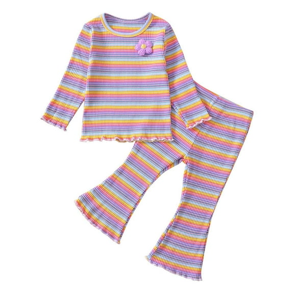 Kaemgyyd Toddler Girl Clothes 2 Piece Set Stretch Stripe Tops Ruffle Flared Bell Bottom Pants Baby Infant Fall Outfits 6 M-4 T