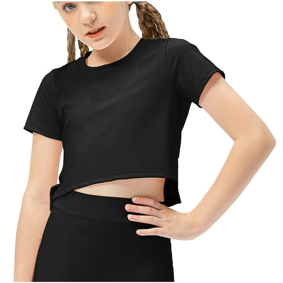 Kaemgyyd Toddler Girls Crop Tops Casual Dance Round Neck Short Sleeve Tee Quick-Dry Stretch Plain Yoga Sport T Shirt 4-12y