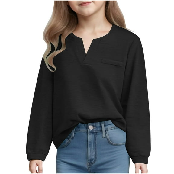 Kaemgyyd Toddler Girls Long Sleeve Shirts Casual Oversized V-Neck Tunic Tee Soft Crew Neck Blouses Tops 3-14 Years