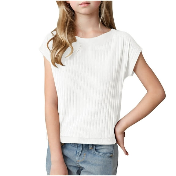 Kaemgyyd Tops for Girls Loose Short Sleeve Crew Neck Stretch T Shirt Toddler Cotton Basic Tee Summer Outfit 6-15 Years