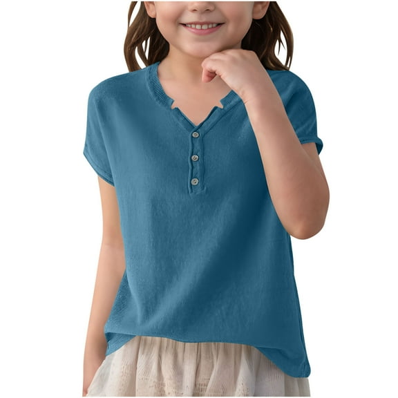 Kaemgyyd Tops for Girls Summer Trendy Button V Neck Loose Tunic Tee Children Toddler Short Sleeve Solid Shirt 6-15 Years