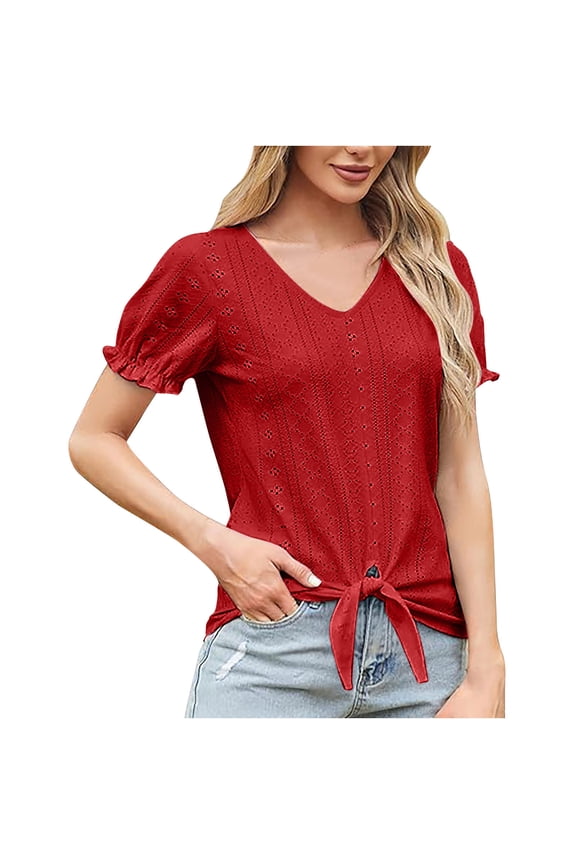Tops for Women Trendy Summer Short Sleeve V Neck Basic T Shirts Breathable Tie Front Eyelet Blouses Tunic