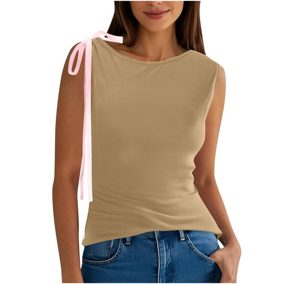 Kaemgyyd Tops for Women Trendy Bow Tie Crew Neck Sleeveless Shirts Fashion Slim Fit Summer Going out Tank Tee Clothes