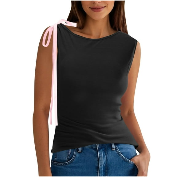 Kaemgyyd Tops for Women Trendy Bow Tie Crew Neck Sleeveless Shirts Fashion Slim Fit Summer Going out Tank Tee Clothes