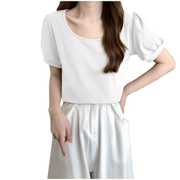 Kaemgyyd Tops for Women Trendy Casual Short Sleeve Loose Blouse Solid Color Scoop Neck Tunic Tee Spring Outfits