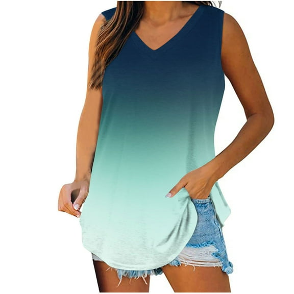 Kaemgyyd Tops for Women Trendy Gradient Sleeveless Loose Fit Tunic Shirts Casual Curved Hem Summer V Neck T Shirts