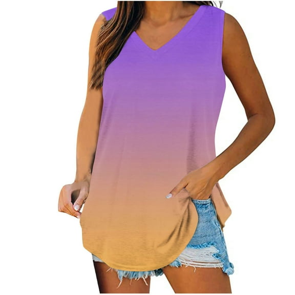 Kaemgyyd Tops for Women Trendy Gradient Sleeveless Loose Fit Tunic Shirts Casual Curved Hem Summer V Neck T Shirts