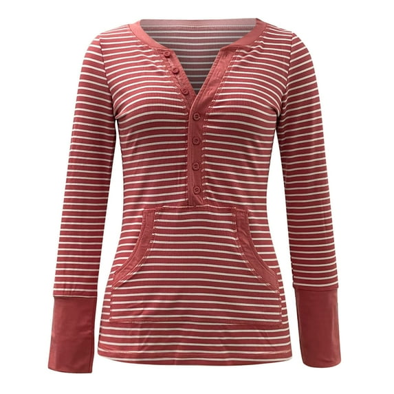 Kaemgyyd Tops for Women Trendy Long Sleeve V Neck Button T Shirt Casual Fashion Striped Tunic Tee with Pockets